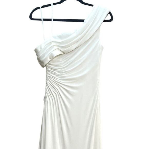 Mac Duggal Foldover Off-Shoulder Asymmetric Ruched White Jersey Maxi Gown sz 14 - Picture 11 of 16